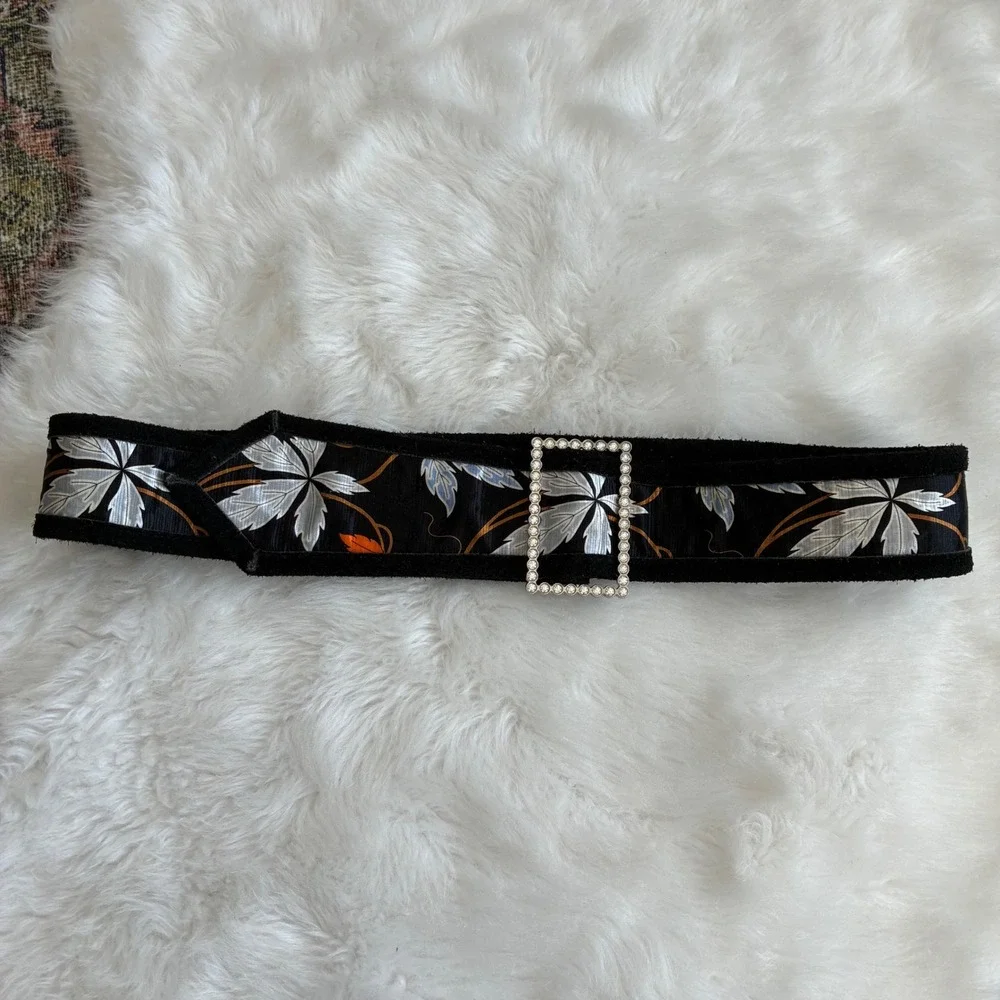 Vintage Silk‎ and Suede Hip Belt Black Botanical Leaf Rhinestone Buckle Korea
